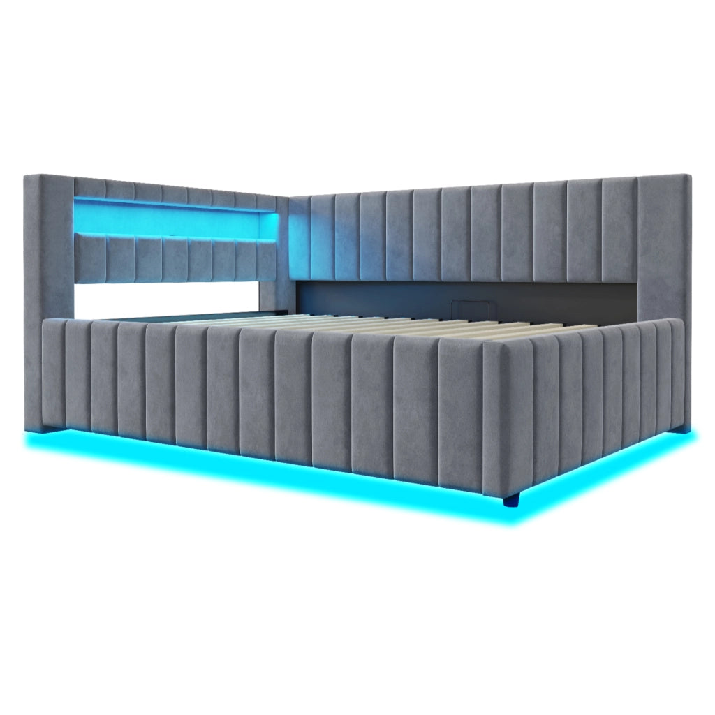 Letto imbottito 140x200 con contenitore idraulico; luce LED e USB; velluto grigio