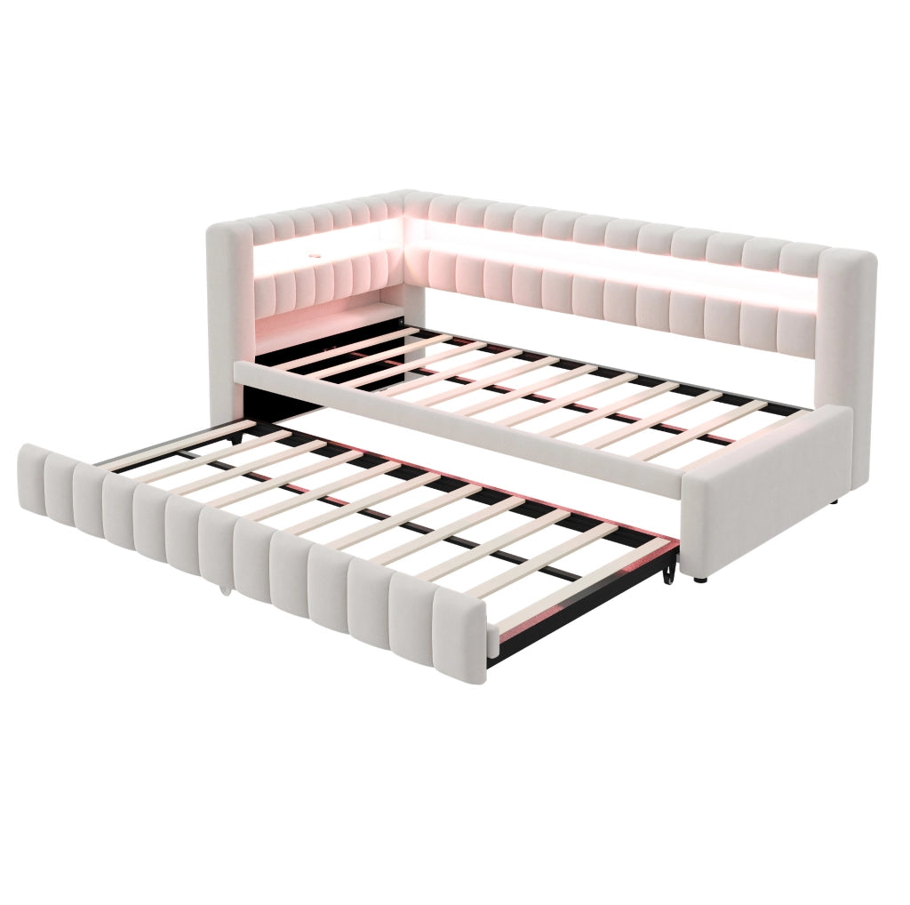 Divano letto estraibile ULEVR 90x200 cm con LED, USB e Type-C, vani integrati, velluto beige