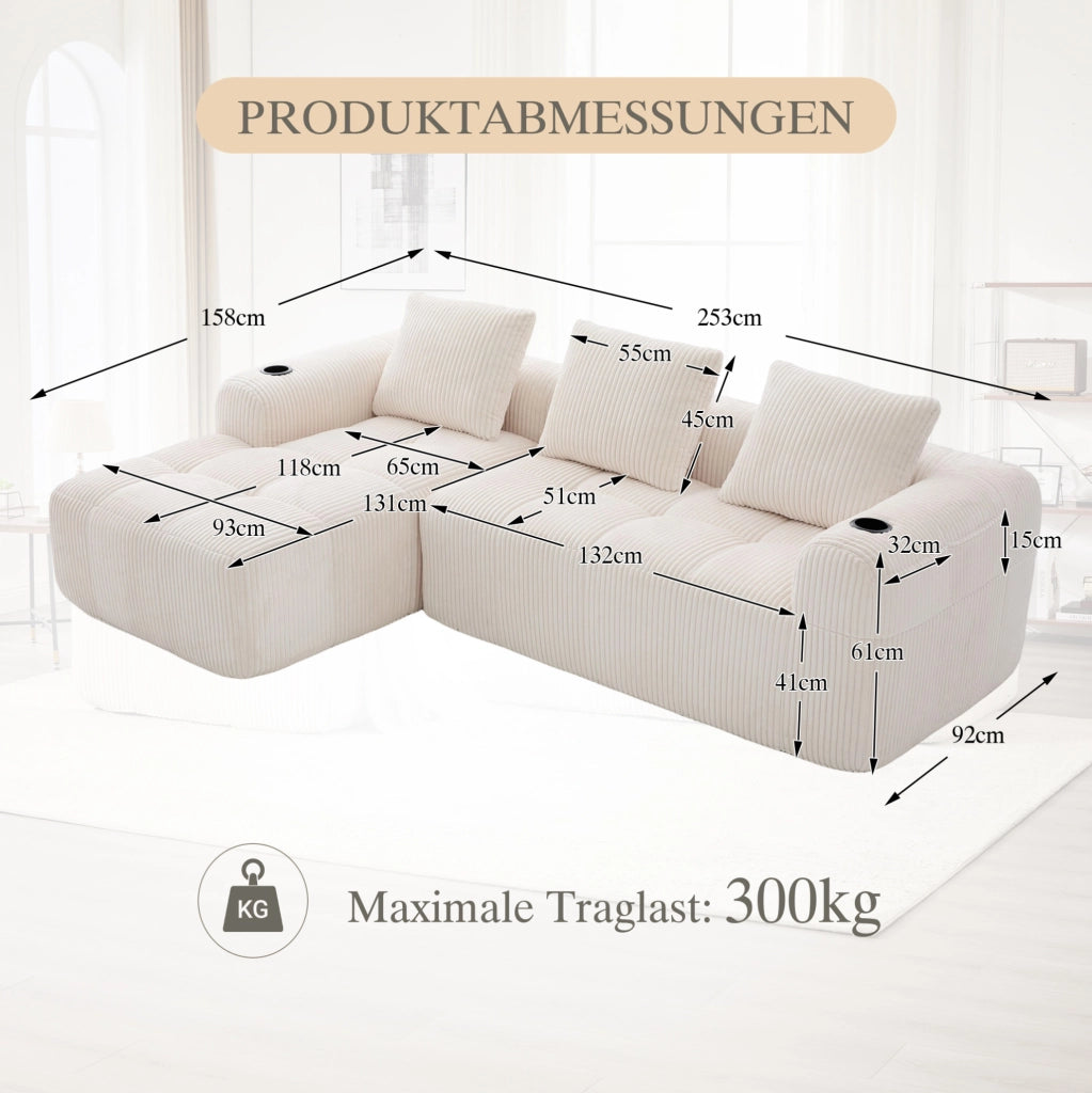 Divano componibile in corduroy beige 253x158x61 cm con tasche laterali e portabicchieri