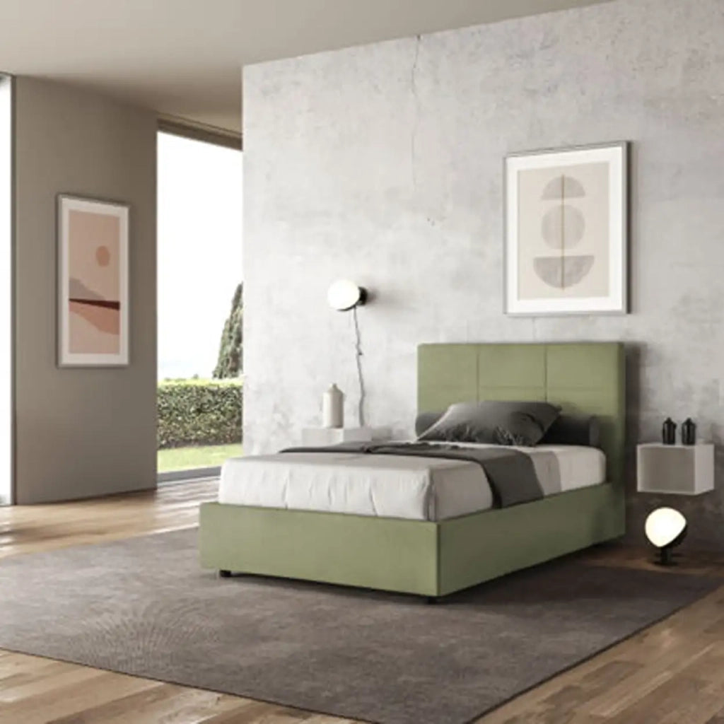 Letto una piazza e mezza con rete imbottito 120x190 microfibra tè verde Mika