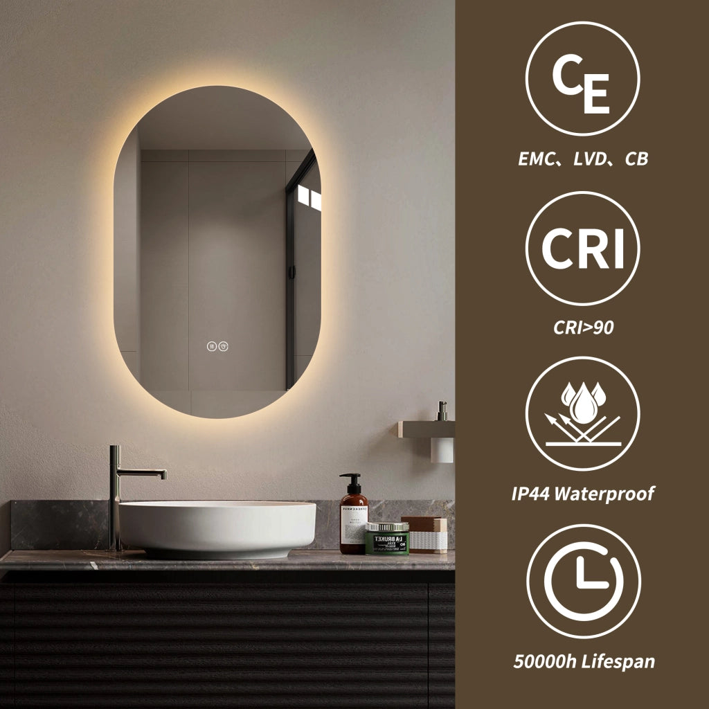 Specchio luminoso da bagno rotondo con luce regolabile a 3 tonalità e antiappannamento in vetro argento 60 × 120 cm