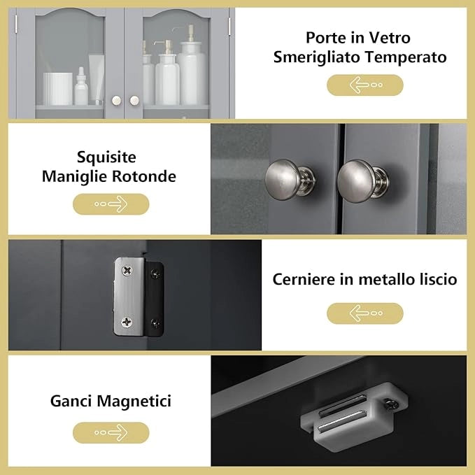 Armadietto Salvaspazio 60 x 30 x 164cm, Mobile Bagno con Scomparti Aperti, Ripiani Regolabili e 2 Porte in Vetro Temprato, Armadio da Bagno per Ufficio, Soggiorno e Camera da Letto (Grigio)