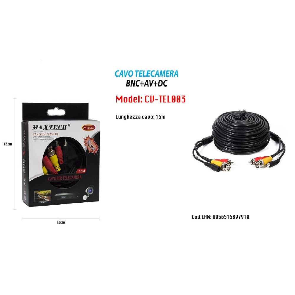 Trade Shop - Cavo Bnc Telecamere Videosorveglianza Alimentazione 15 Mt Maxtech Cv-tel003 -