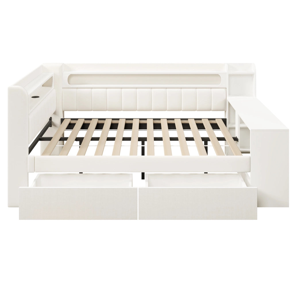 Letto a giorno con LED, porte USB, scrivania e 2 cassetti in MDF, compensato e tessuto bianco 140 × 200 cm