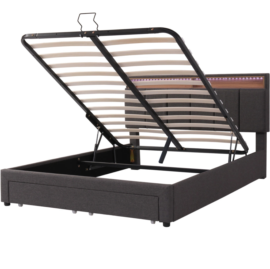 Letto imbottito 140 × 200 cm con LED regolabile e vano contenitore; lino grigio