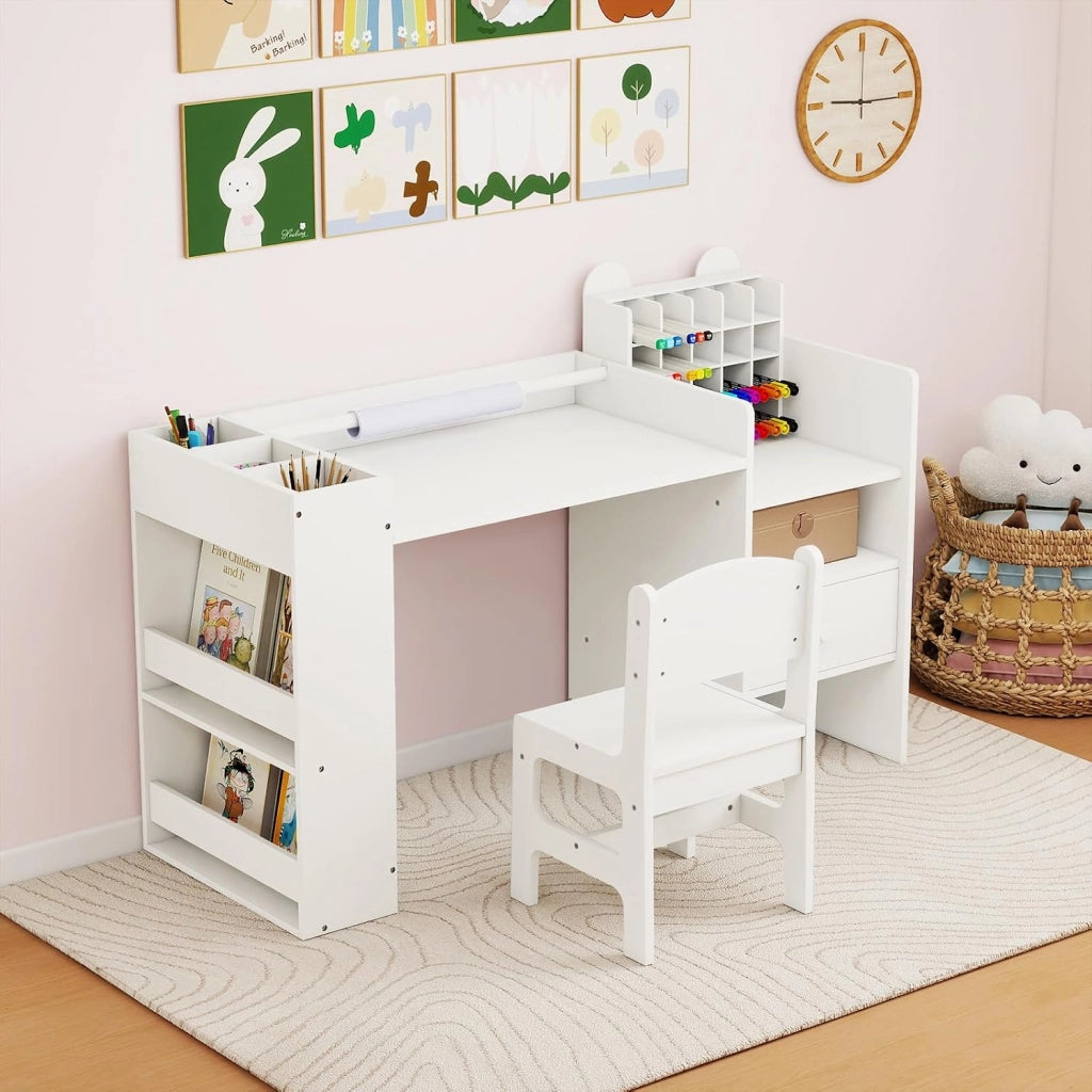 Set Tavolo e Sedia per Bambini 3+ con Porta Rotolo Carta Rimovibile | Scrivania Multifunzionale per Bambini con Mobile Cubo, Ripiani Laterali e Cassetto, Ideale per Lettura e Disegno