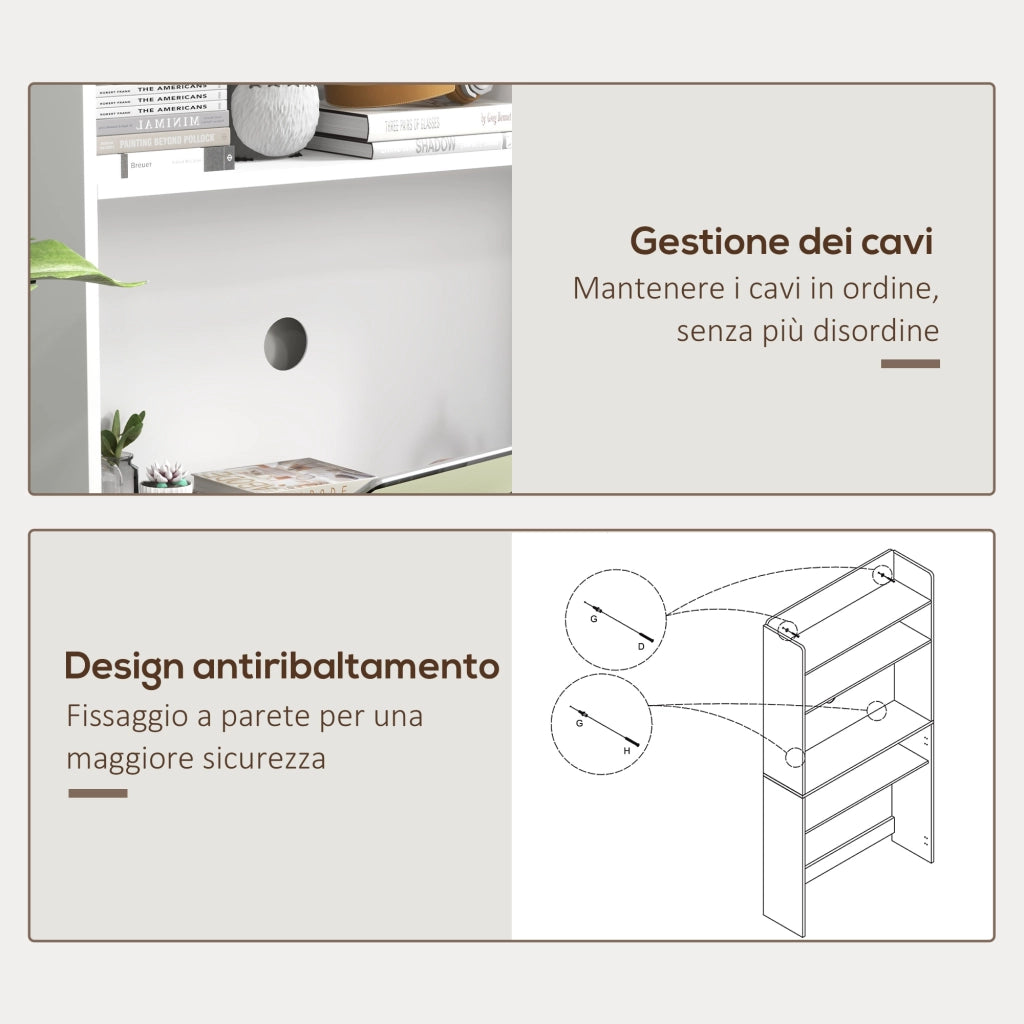Scrivania Pieghevole 80x69x155 cm con Libreria a 4 Ripiani 2 Ruote e Foro Passacavi in MDF Bianco