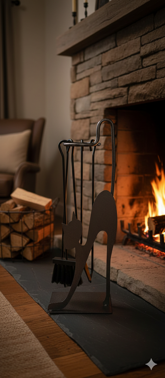 Trespolo per Attrezzi Camino Rettangolare Sagoma Gatto con Paletta Scopino Attizzino e Pinza 28x19x66 cm in Ferro