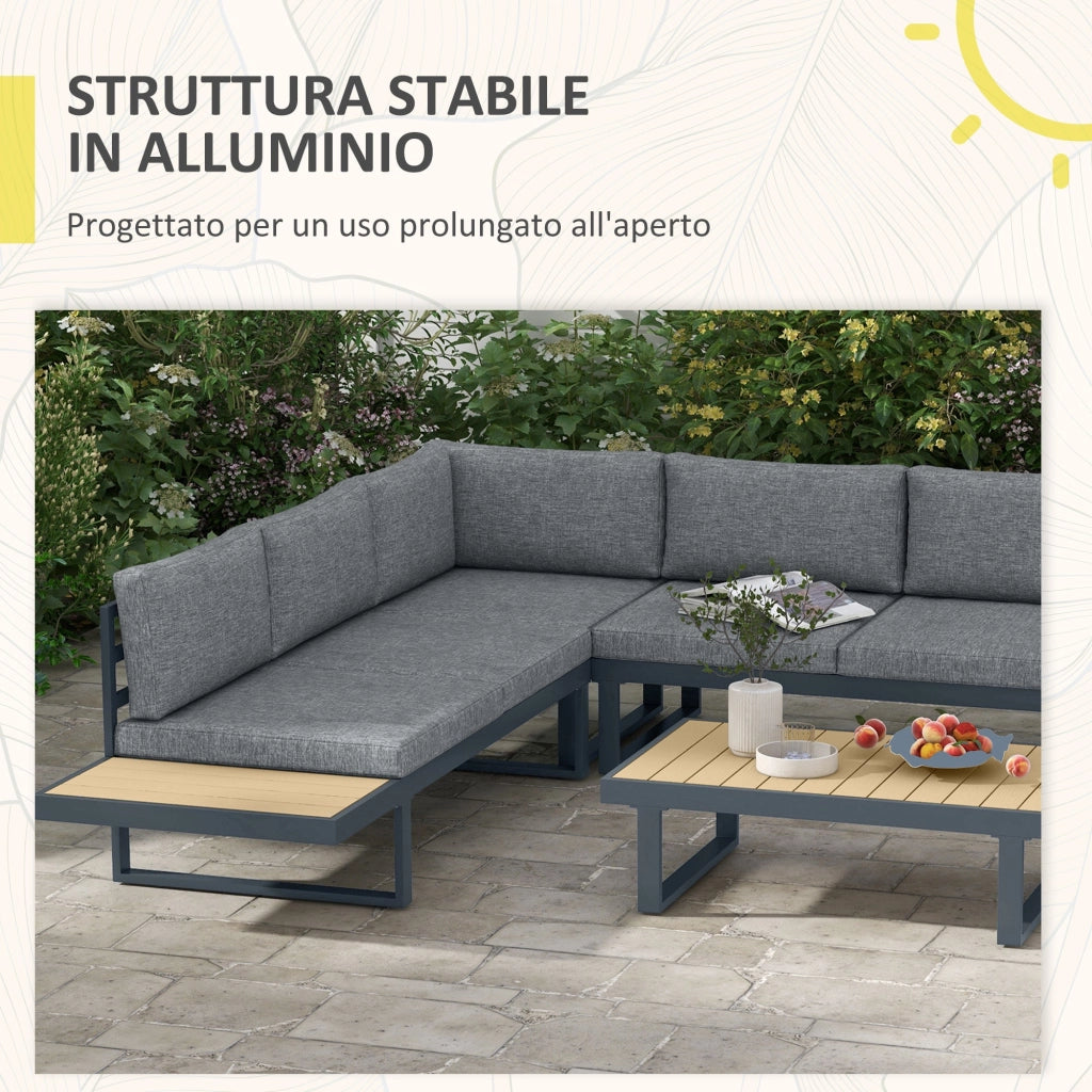 Set Salotto da Giardino Divano Angolare e Tavolino da Caffè Grigio e Teak