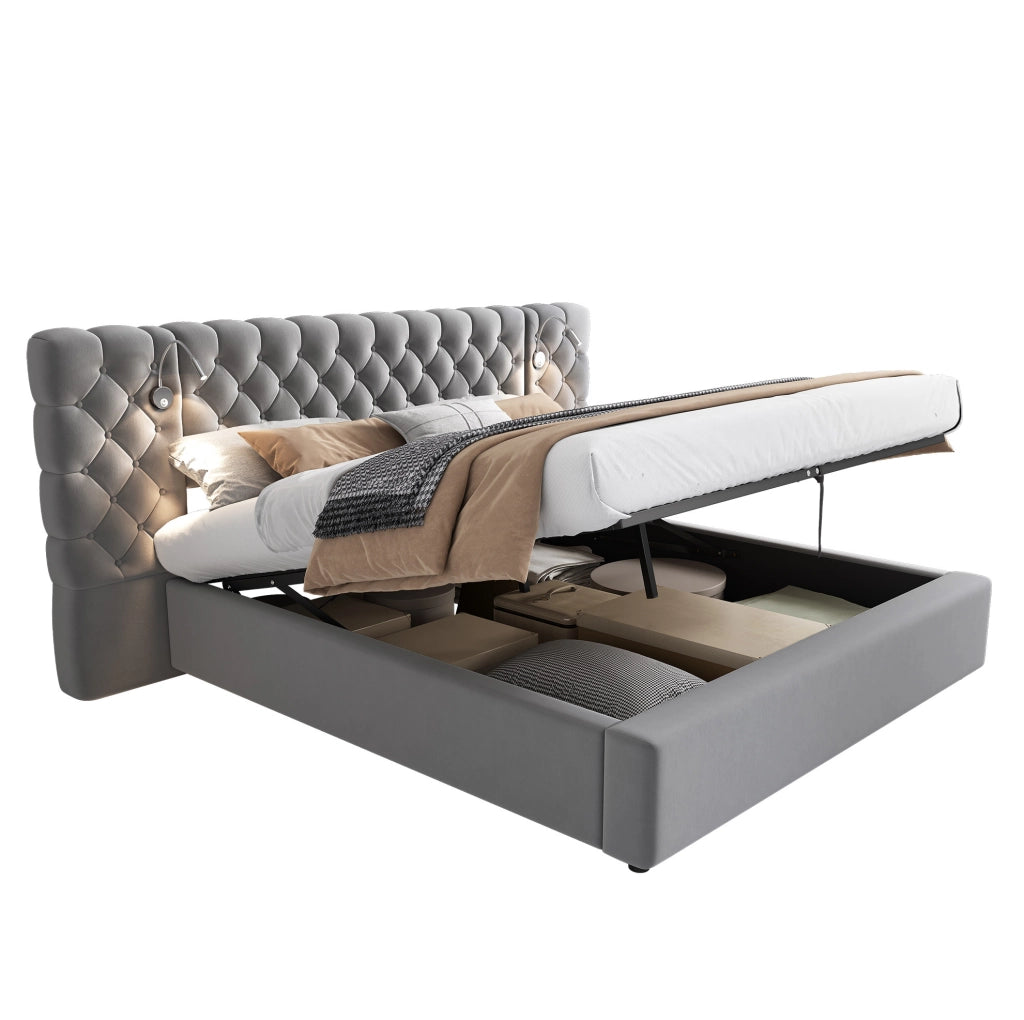 Letto imbottito 160x200 cm in velluto grigio con luce da lettura e contenitore