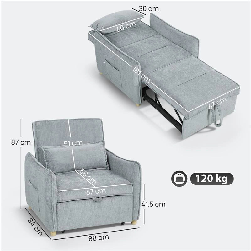 POLTRONA LETTO 3 IN 1 CON SCHIENALE RECLINABILE E CUSCINO, RIVESTIMENTO IN CINIGLIA, 88X84X87 CM, GRIGIO