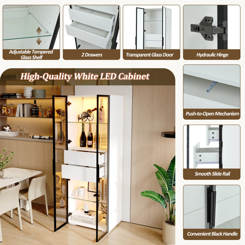 Vetrina con LED, 1 anta in vetro temprato e 2 cassetti, ripiani regolabili, in MDF e vetro, bianco, 60 × 40 × 160 cm