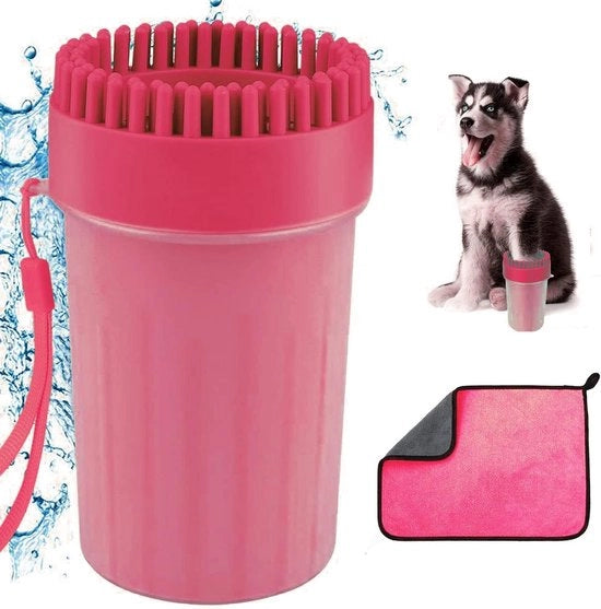 Pulitore per zampe di cane, pulitore per zampe di cane portatile, pulitore per zampe di animale in silicone per cani e gatti, con asciugamano (rosa)