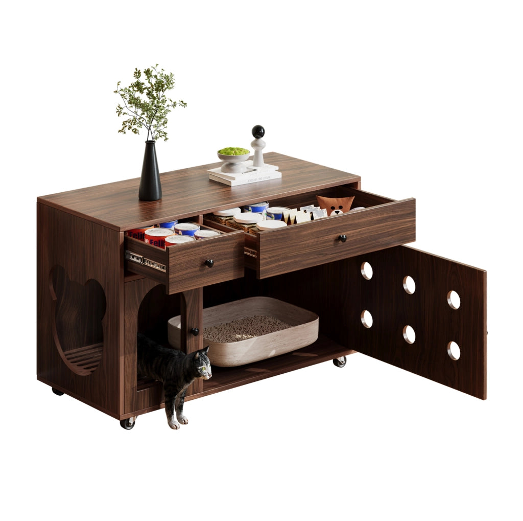 Mobile lettiera per gatti 100x45x66 cm con cassettini e vassoio raccogli-sabbia in MDF color noce