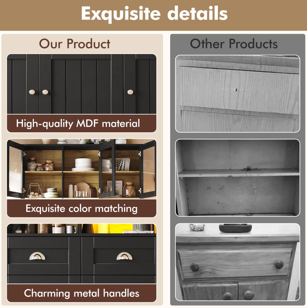 Credenza alta da cucina 140x40x175 cm con LED; 3 cassetti e ripiani regolabili; nera