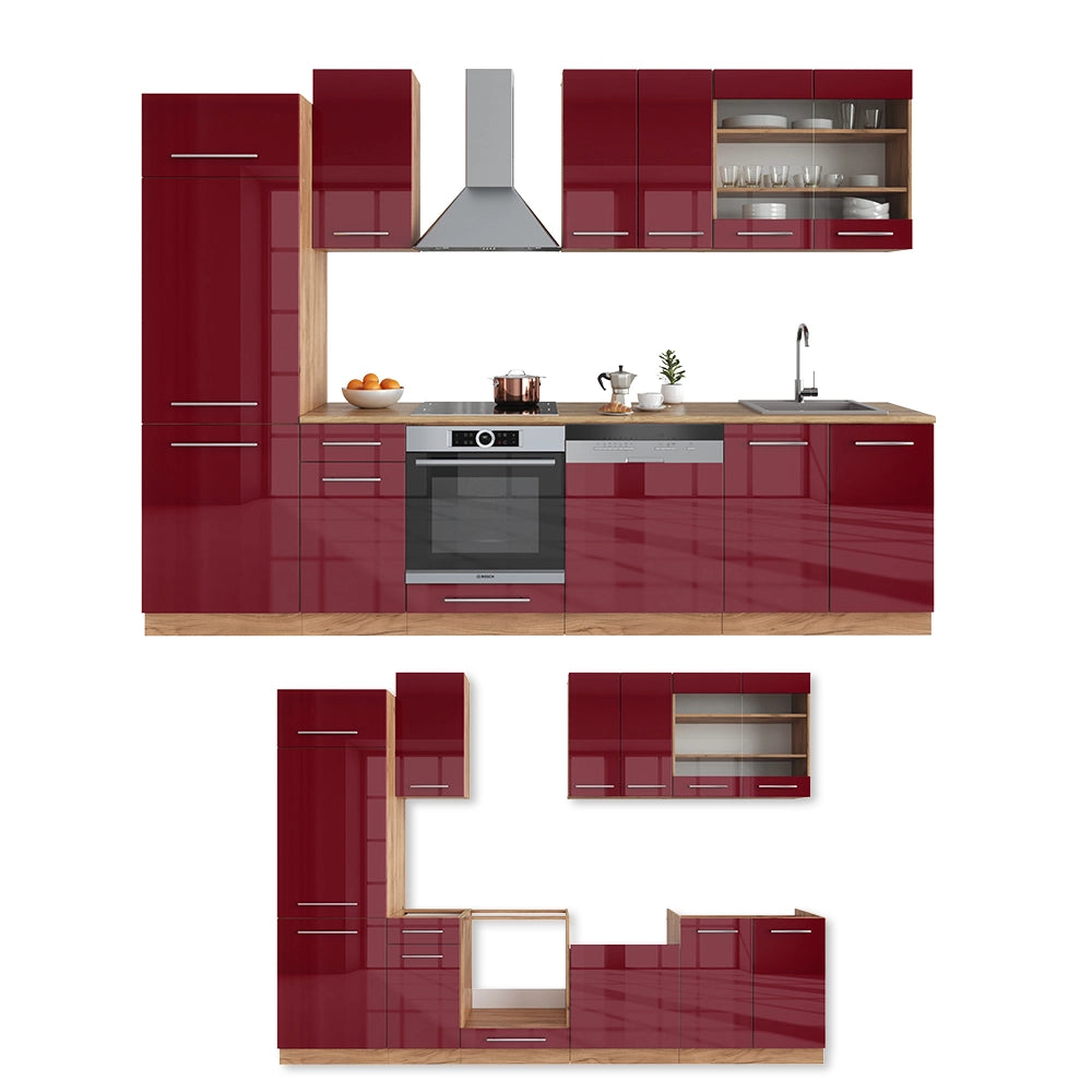 Cucina componibile Fame-Line Bordeaux lucido/Rovere dorato 300 cm, PL Marmo Vicco