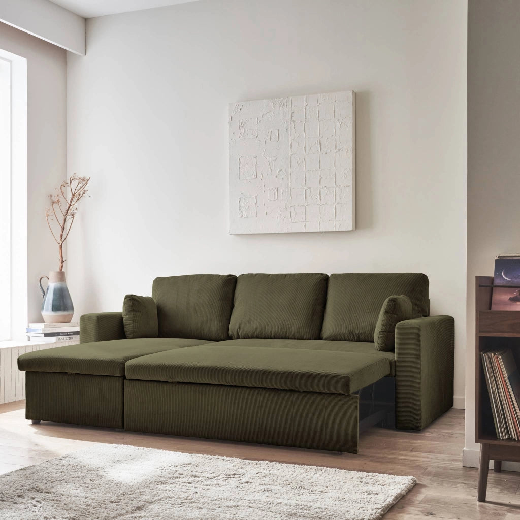 Divano letto angolare reversibile in velluto a coste, 3 posti, kaki