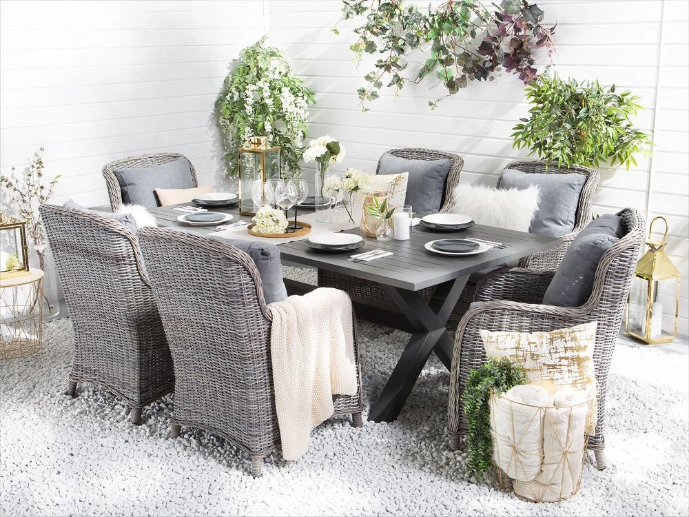 Set da pranzo da giardino Tavolo da 6 posti in rattan sintetico grigio e 6 sedie con cuscini grigi