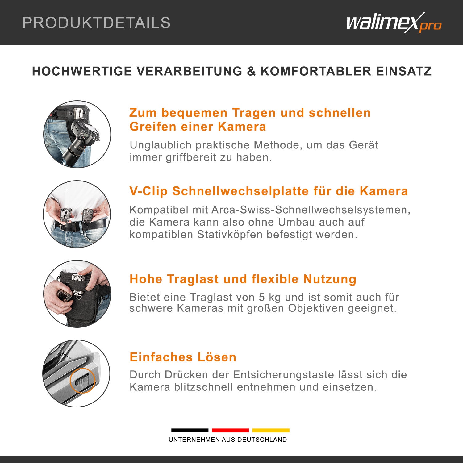 Porta macchina fotografica da cintura, Gancio e Clip a V, Piastra a sgancio rapido compatibile con Arca-Swiss, max 5 kg, per cinghie larghe fino a 50 mm