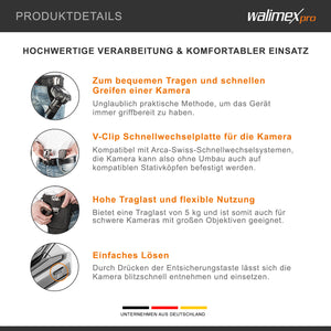 Porta macchina fotografica da cintura, Gancio e Clip a V, Piastra a sgancio rapido compatibile con Arca-Swiss, max 5 kg, per cinghie larghe fino a 50 mm