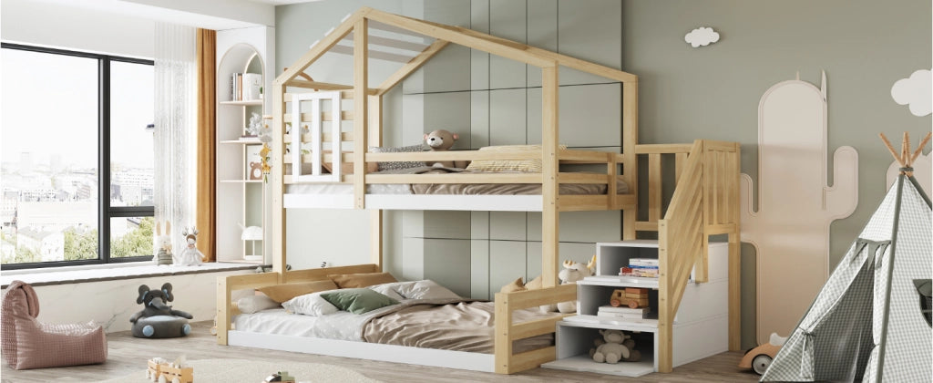 DESMIU Letto a castello 3 posti con scala contenitore, sponde e finestra 90 × 200 e 140 × 200 cm senza materasso