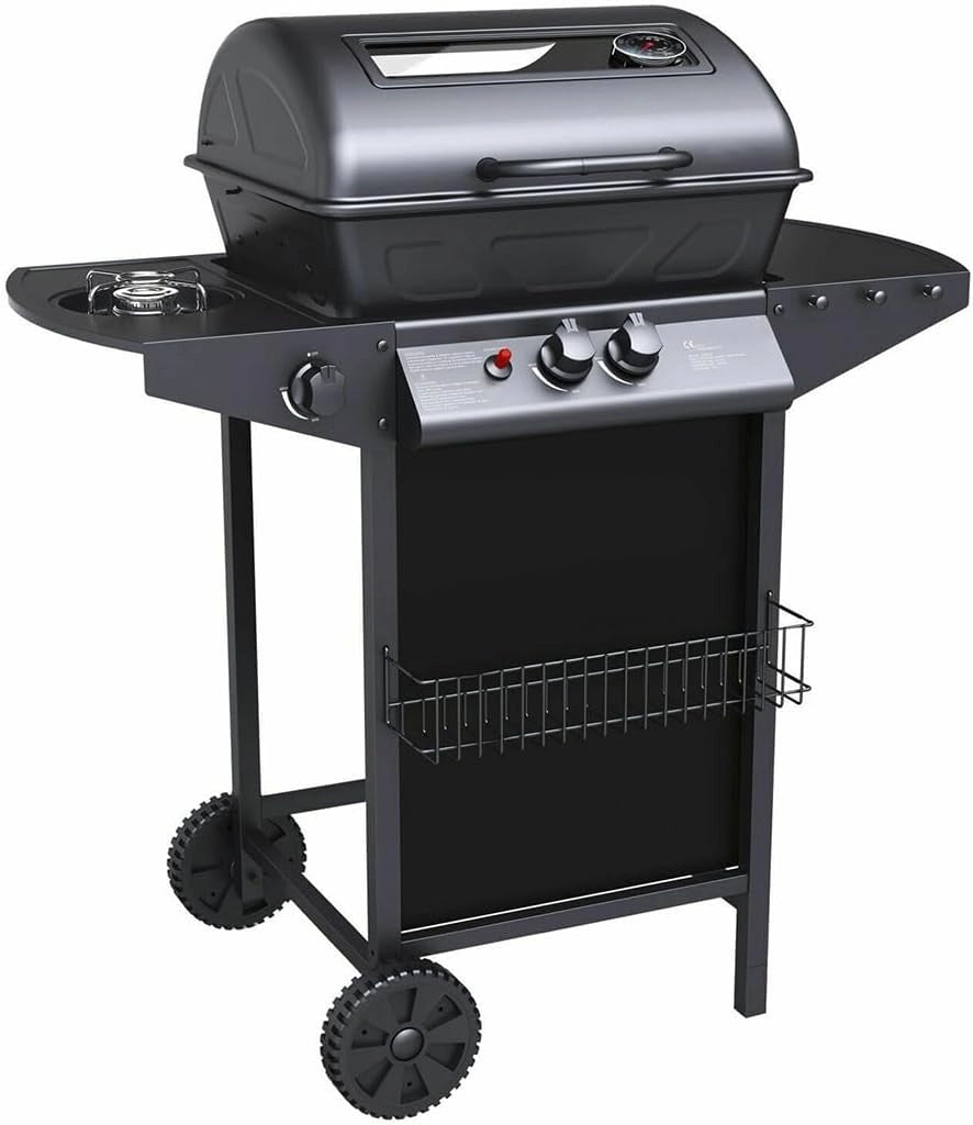 Barbecue a Gas Pietra Lavica 2 Fuochi + Fornello Piano Laterali Griglia Acciaio