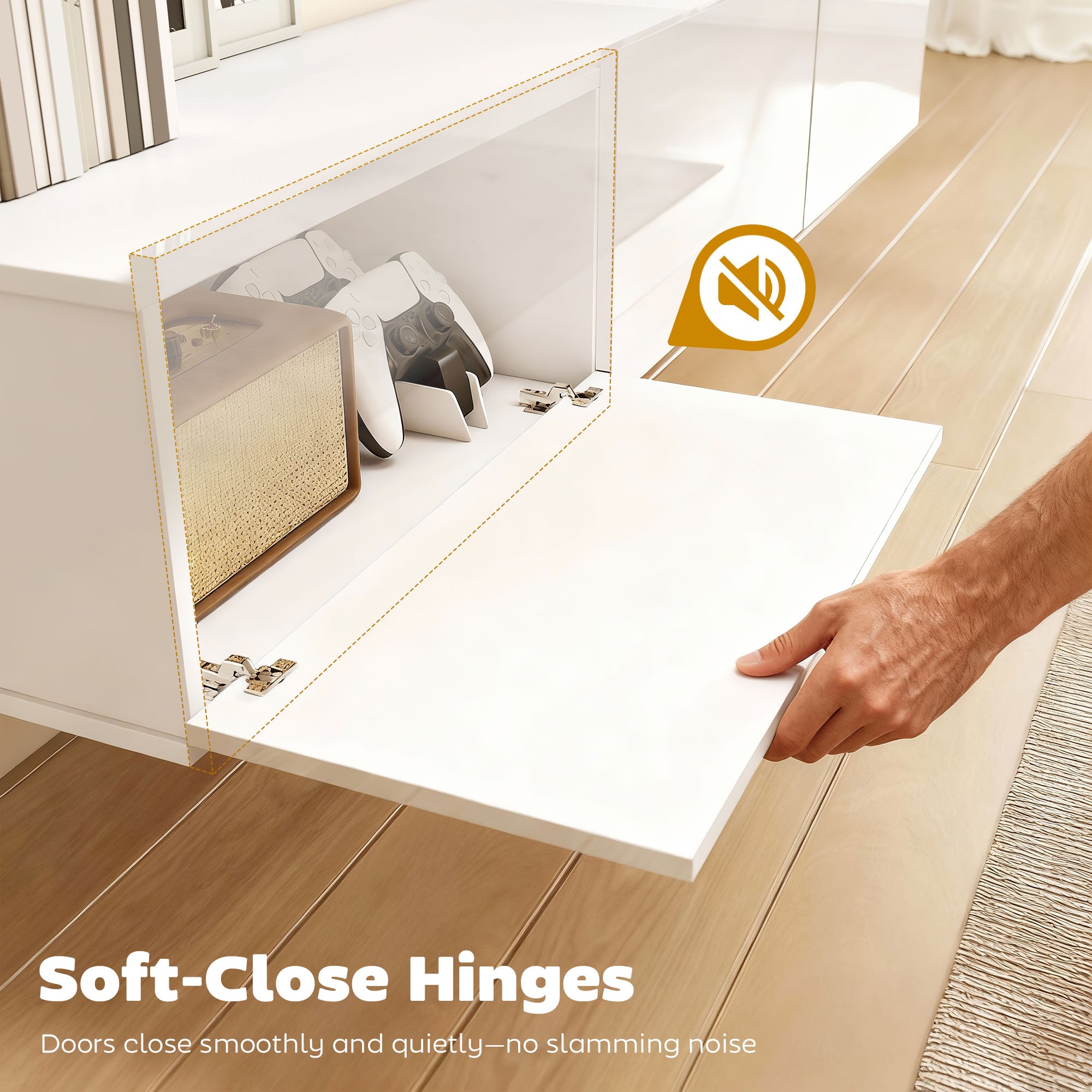 Mobile Porta TV fino a 82" Sospeso con 3 Armadietti a Ribalta e Ante Soft Close Bianco Lucido