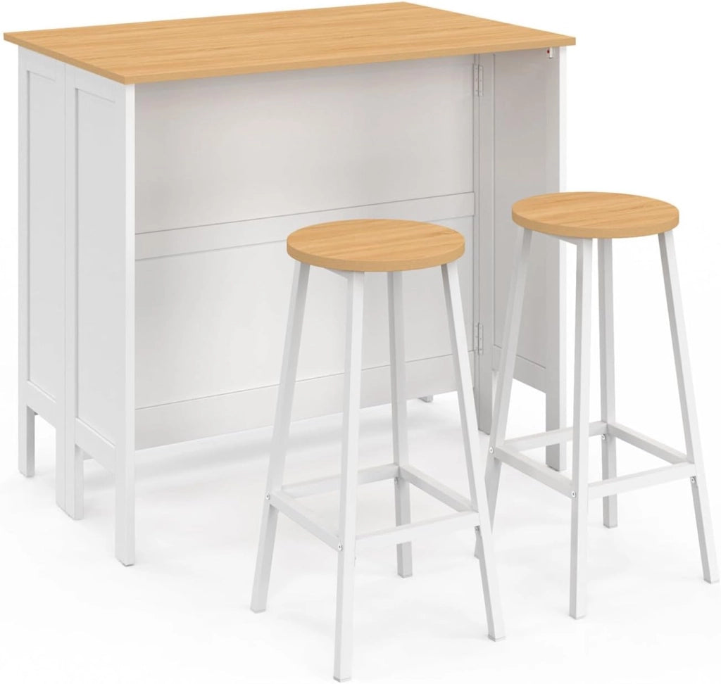 Tavolo bar ad isola Achille e 2 sgabelli in legno bianco con piano in faggio