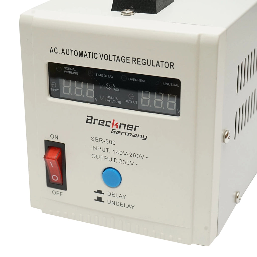 Stabilizzatore di tensione automatico 500VA con relè monofase, 2 prese schuko 230V, display LCD Breckner Germany