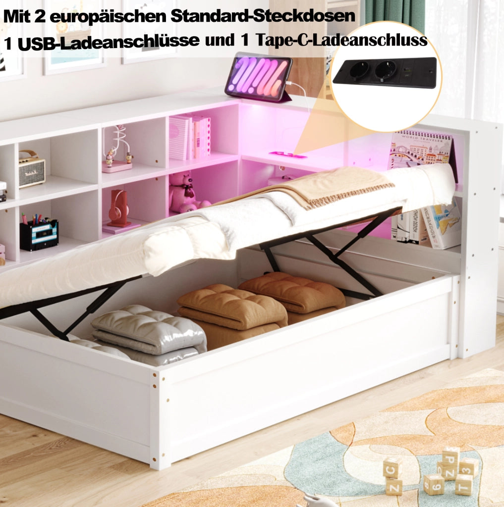 Letto 90x200 cm con prese multifunzione; LED e vani portaoggetti in legno bianco