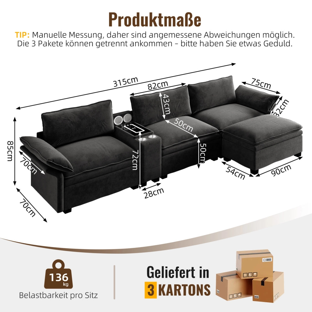Divano modulare angolare 4 posti in chenille nero con pouf, ricarica wireless, altoparlanti Bluetooth e luci dimmerabili