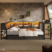 Letto 90x200 cm con scrivania, 2 cassetti, LED e testiera contenitore in MDF e metallo nero