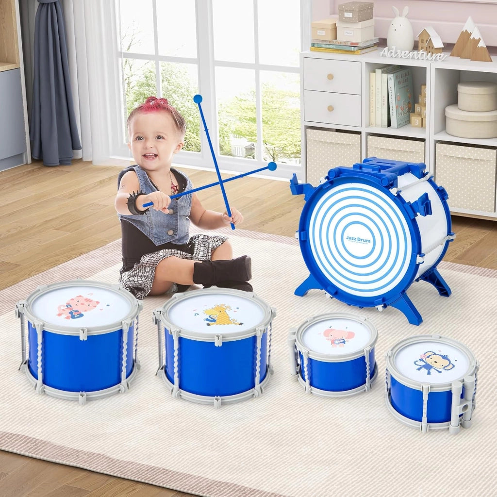 Batteria per Bambini da 3+ Anni, Set di Tamburi con Sgabello, 5 Tamburi, 2 Bacchette, Leggio e Pedaliera, Strumento Musicale per Bambini, Jazz Rock Drum Regalo per Bambini, Blu