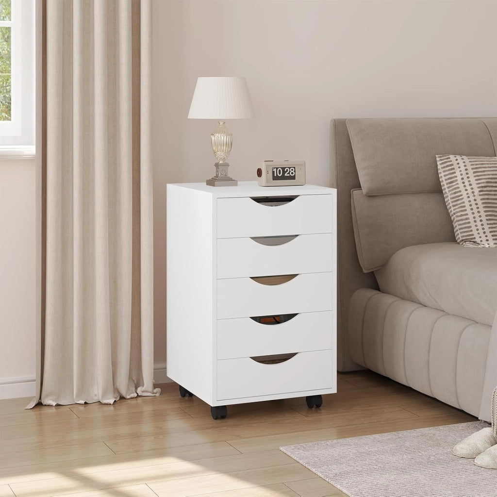 Scrivania a Piedistallo con 5 Cassetti, Schedario Rotante, Comodino, Mobile per Ufficio, Camera da Letto, in Legno Ingegnerizzato PB, Bianco, 40x40x66,5cm, ASK14ws
