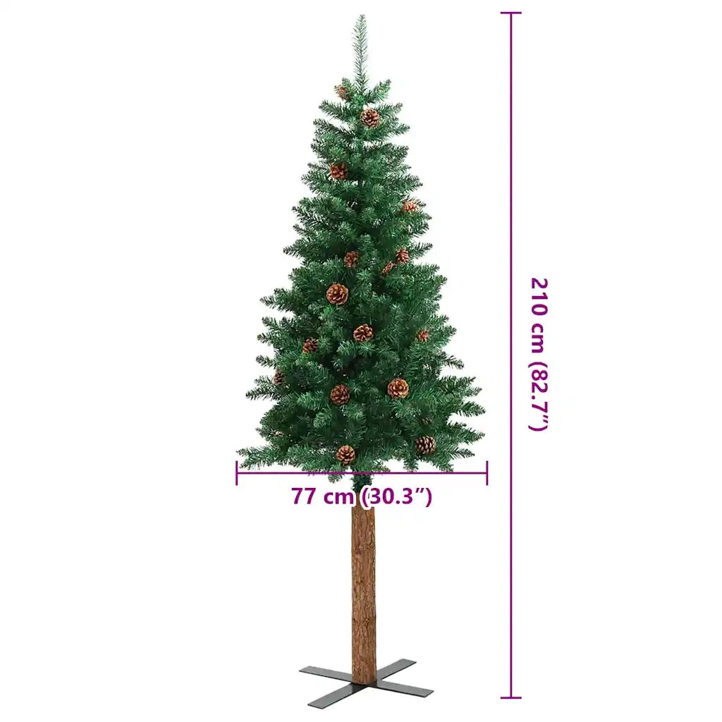 Albero di Natale | Decorazioni natalizie Sottile con Legno Vero e Pigne Verde 210cm PVC