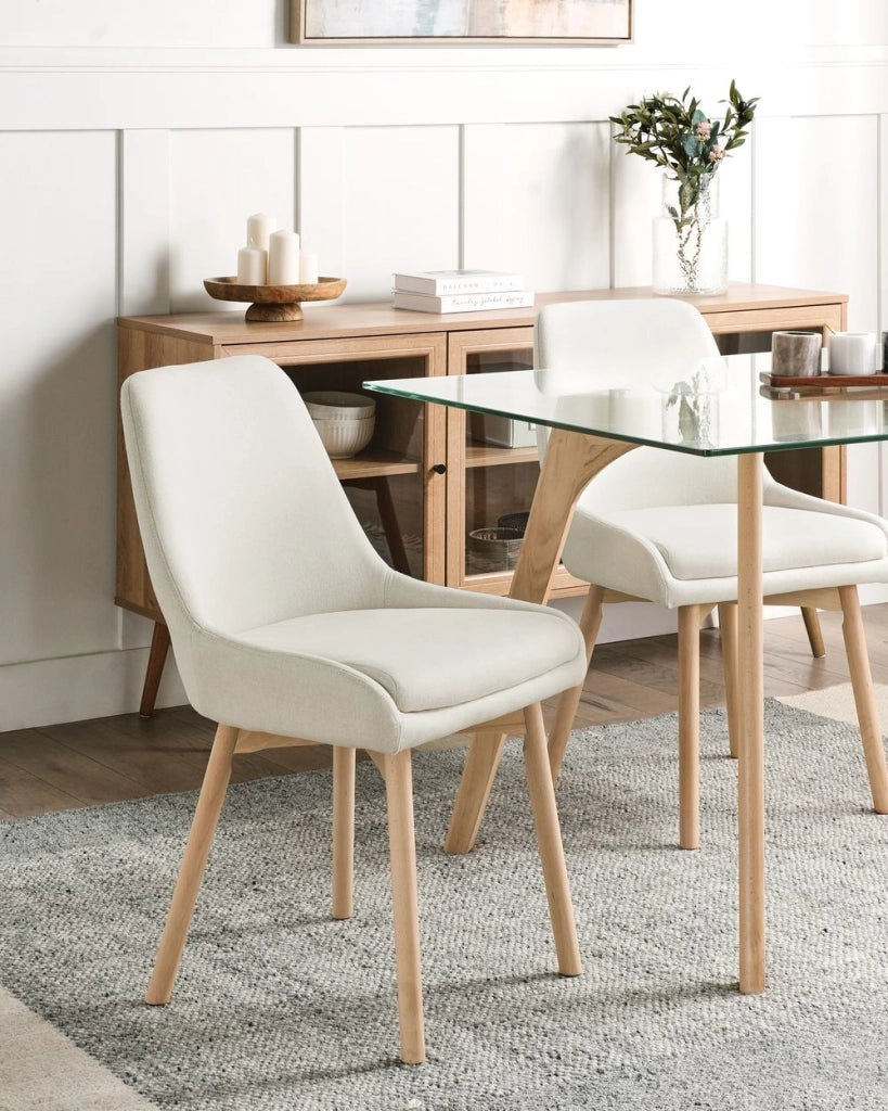 Set di 2 Sedie da Pranzo Gambe in Legno e Tessuto bianco sporco  Sedile spesso imbottito