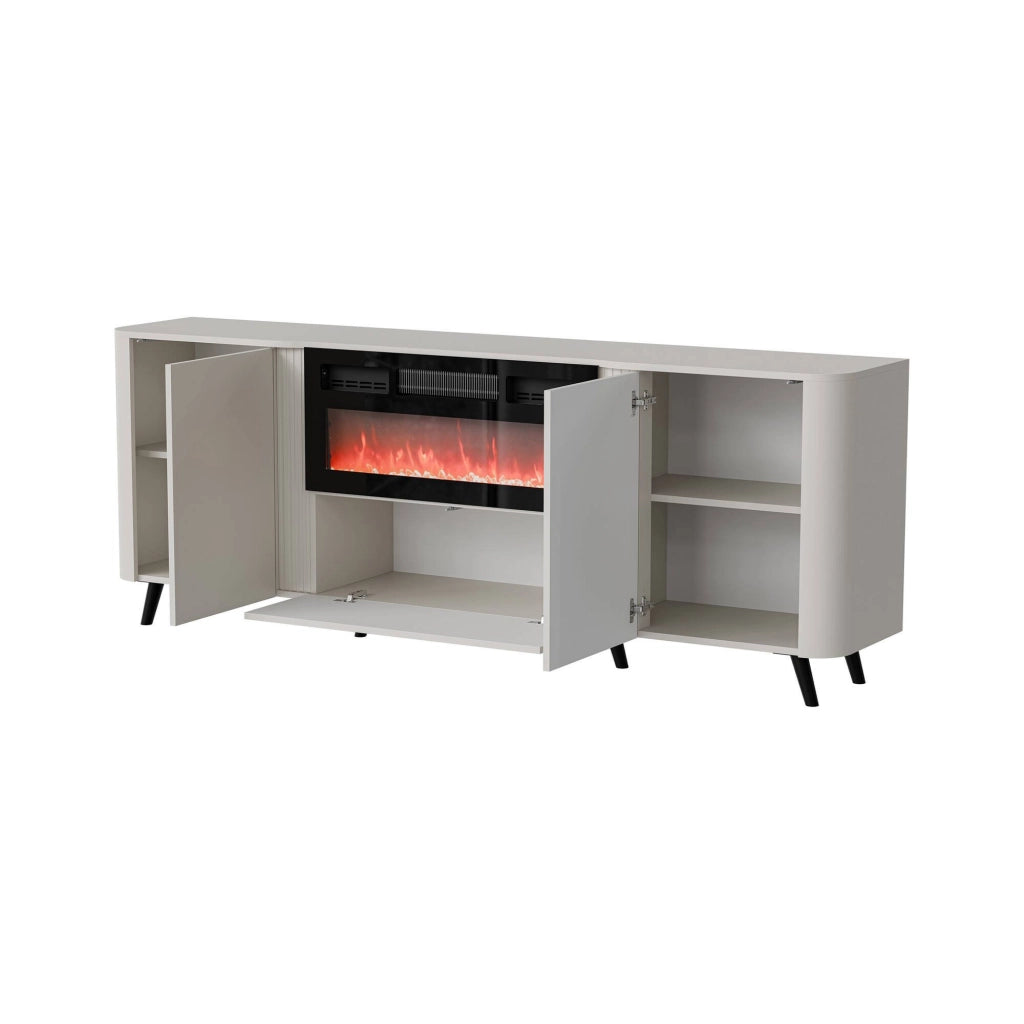 Credenza Briano, Madia da salotto con due ante battenti, anta a ribalta e camino elettrico, Rialzata da terra, 191x40 h69 cm, Beige