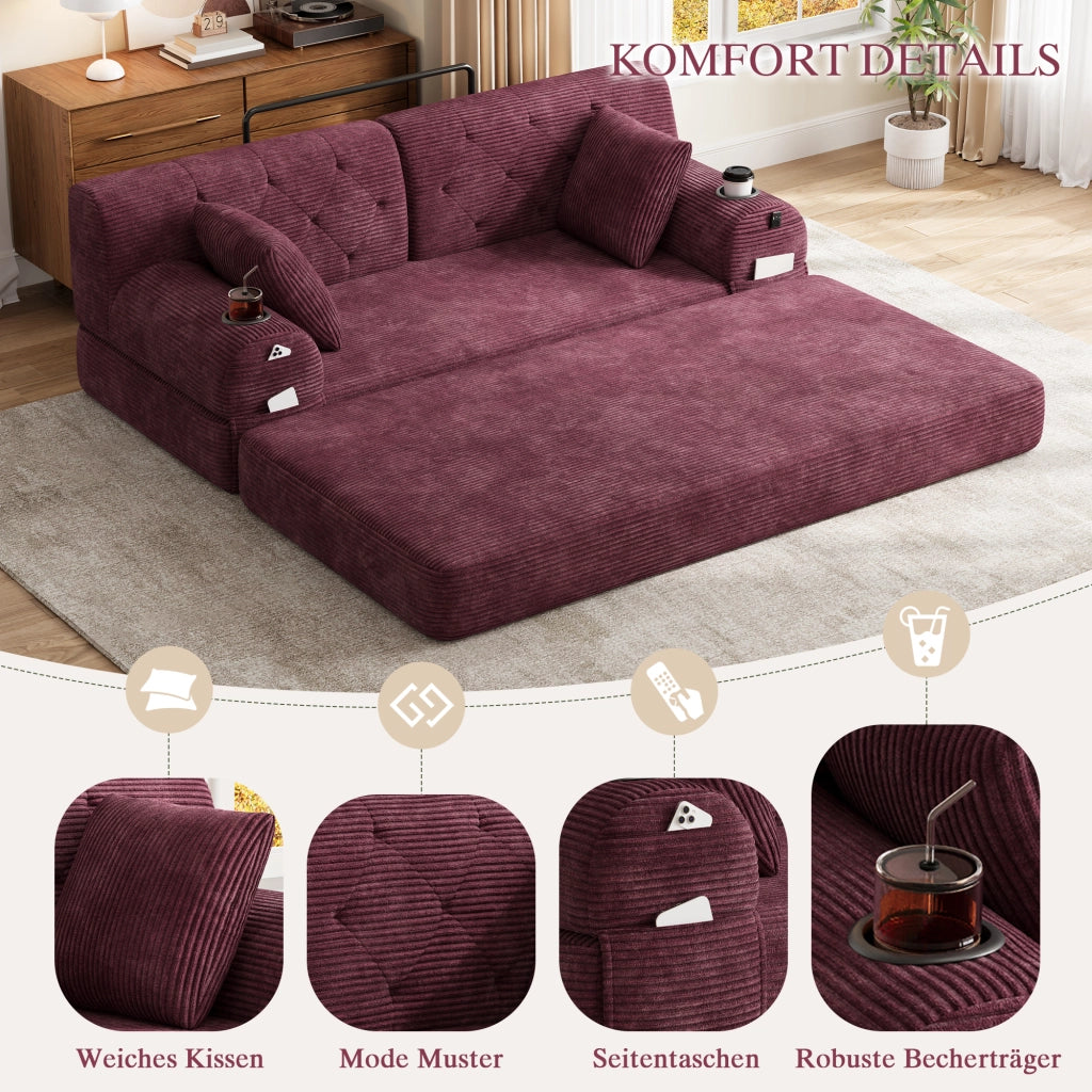 DIVANO LETTO 2 posti 168x80x81 cm in corduroy rosso vino