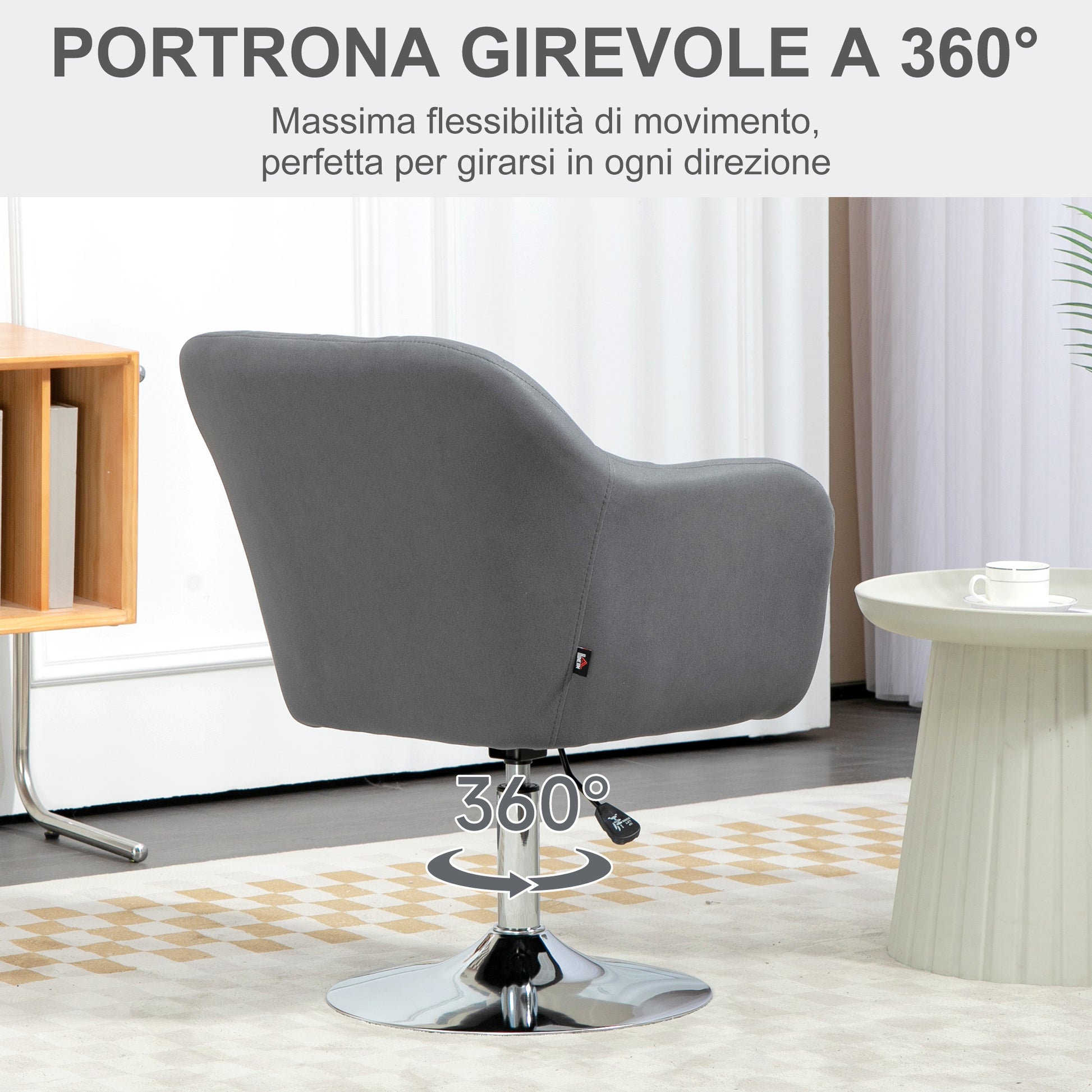 Poltrona Girevole con Cuscino Lombare 60x60x79-91 cm in Tessuto Tecnico Grigio