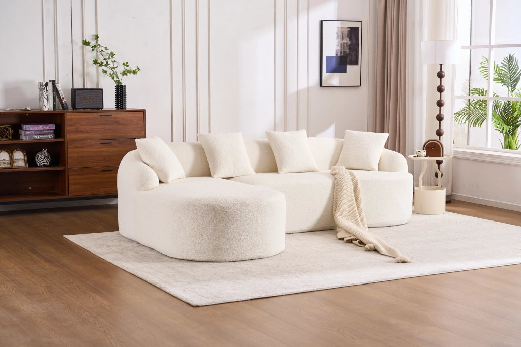 Divano angolare curvo modulare con seduta confortevole e montaggio senza attrezzi in chenille bianco 243 × 150 × 67 cm