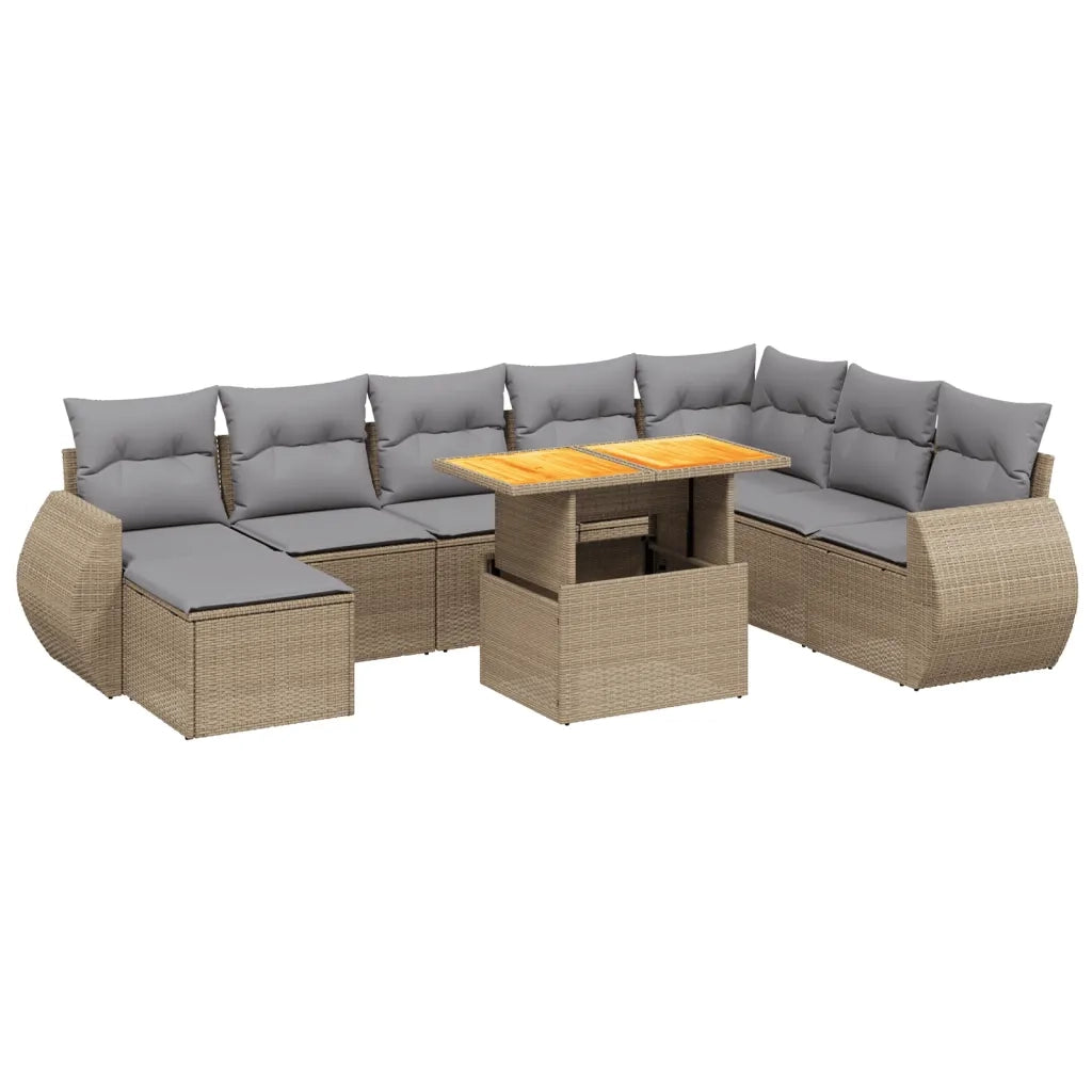 Set Divano da Giardino 9 pz con Cuscini Beige in Polyrattan