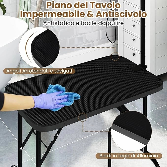 Tavolo Toelettatura e Tosatura per Animali, Accessori Pieghevole per Toilette per Cani con Bracci Regolabili in Altezza,Cappio e Piano Antiscivolo, Portata 100 kg (80,5 x 46 x 146 cm)