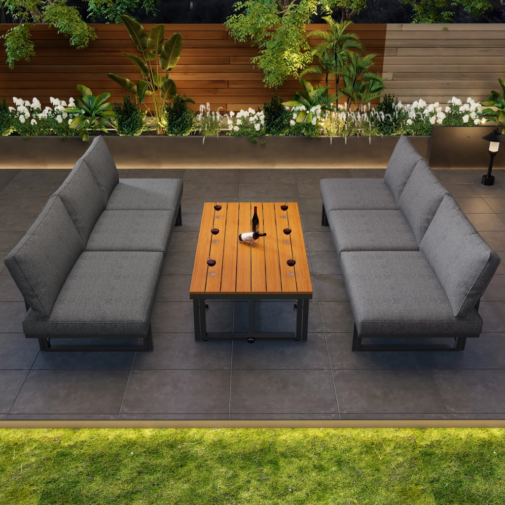 Set Divano da Giardino 3 Pezzi con Tavolo ¨C Xylo ¨C Polyrattan, Legno Acacia, Cuscini, Grigio