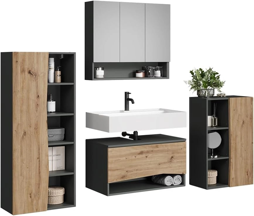 Set di mobili da bagno Willow, Artigiano, 80 cm, composto da mobile lavabo, pensile a specchio, colonna e base media