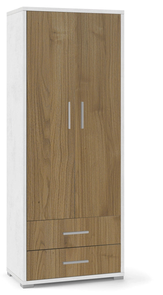 Armadio 2 Ante 2 Cassetti 71x182x41 cm Ossido Bianco/Noce Stelvio