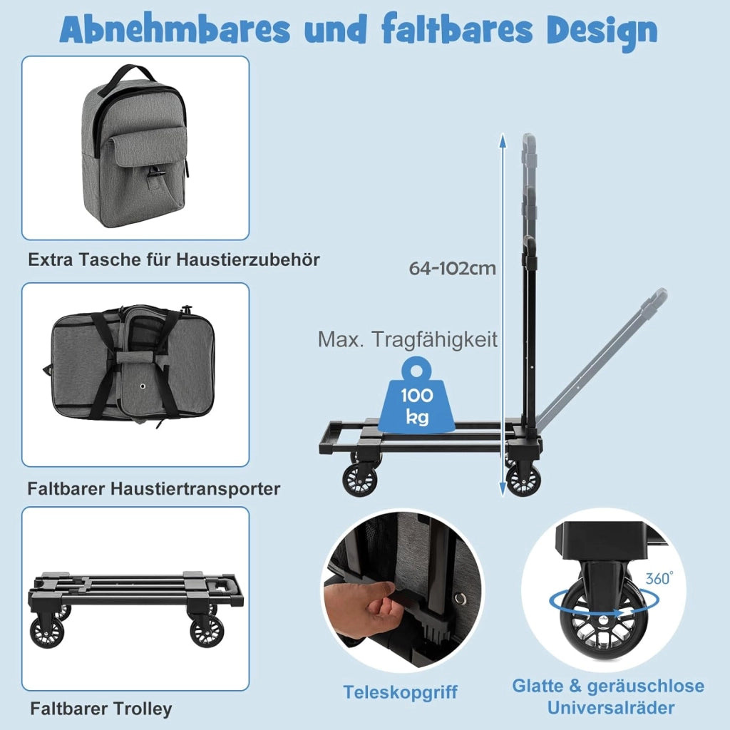 SORAS - Borsa per il trasporto del gatto e del cane, 57 x 34 x 34 cm, custodia per il trasporto per cani e gatti con ruote, manico telescopico, cuscino doppio lato, zaino aggiuntivo
