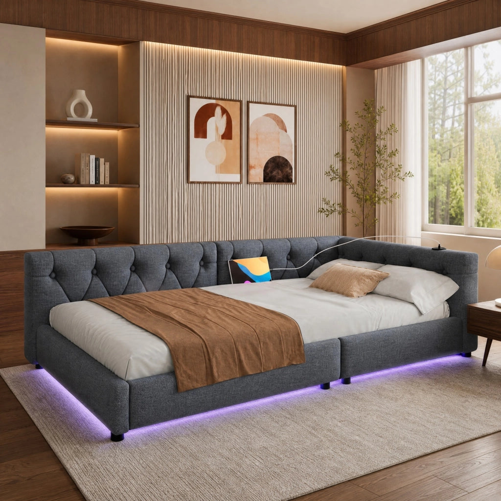 Divano letto 90 × 200 cm 1 piazza con USB, Type-C e LED, senza materasso, in lino, grigio
