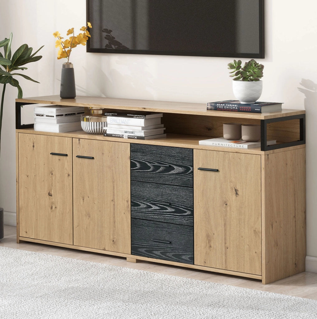Credenza sideboard con 3 ante e 3 cassetti 150x35x75;9 cm in truciolare nero e marrone
