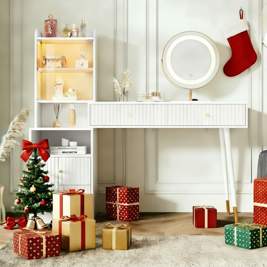 Scrivania Toeletta con Specchio LED ¨C MINIMAL ¨C Bianco, 4 Cassetti, Armadio, 100x40x125 cm