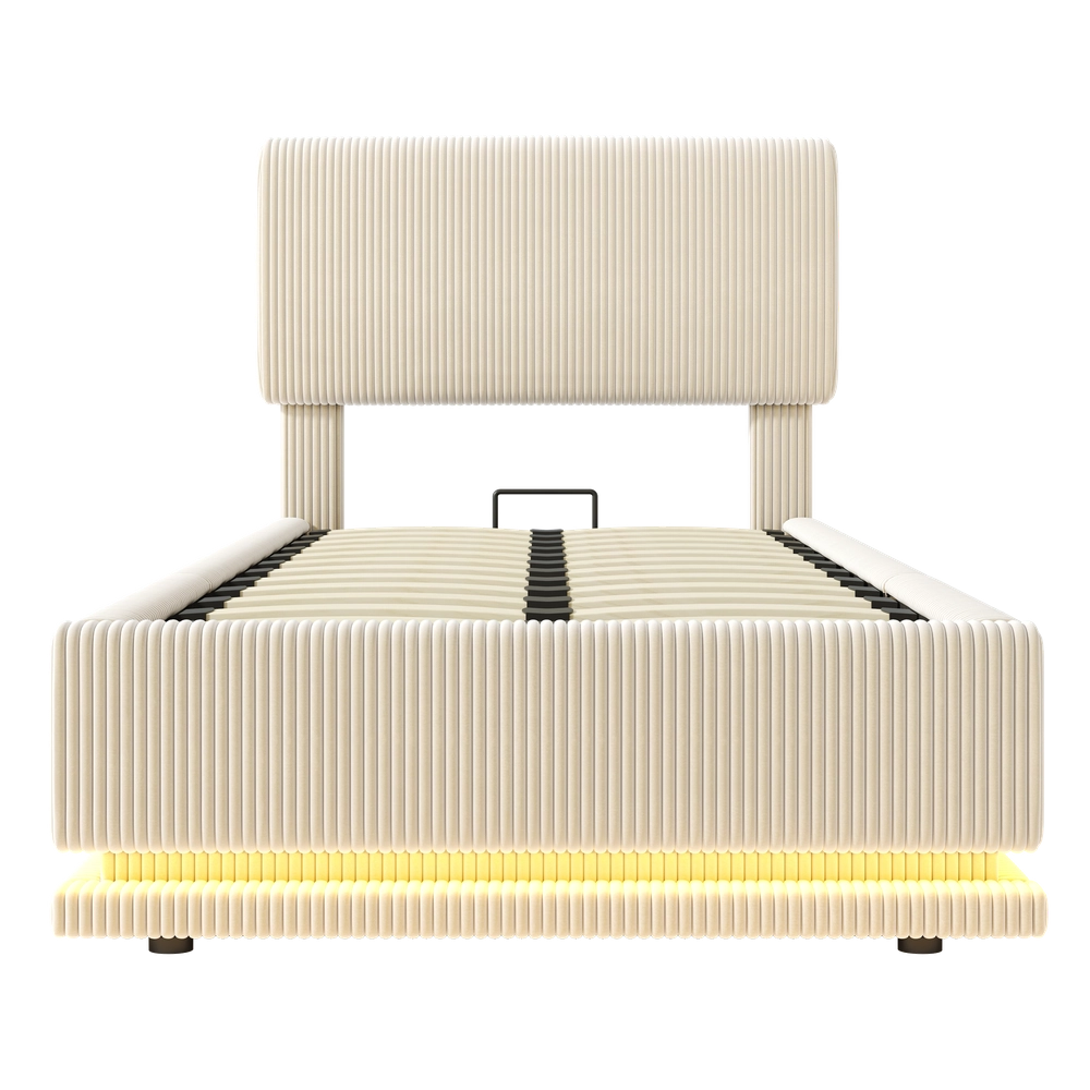 Letto Imbottito con LED, USB-C, Testiera Regolabile e Contenitore ¨C MINIMAL ¨C Velluto a Coste, 90x200, Beige